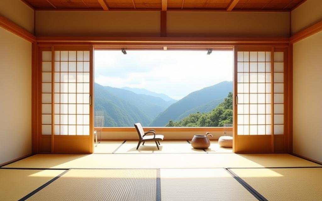 A traditional Japanese-style room 'Matsu' with tatami floors and a view of the mountains.